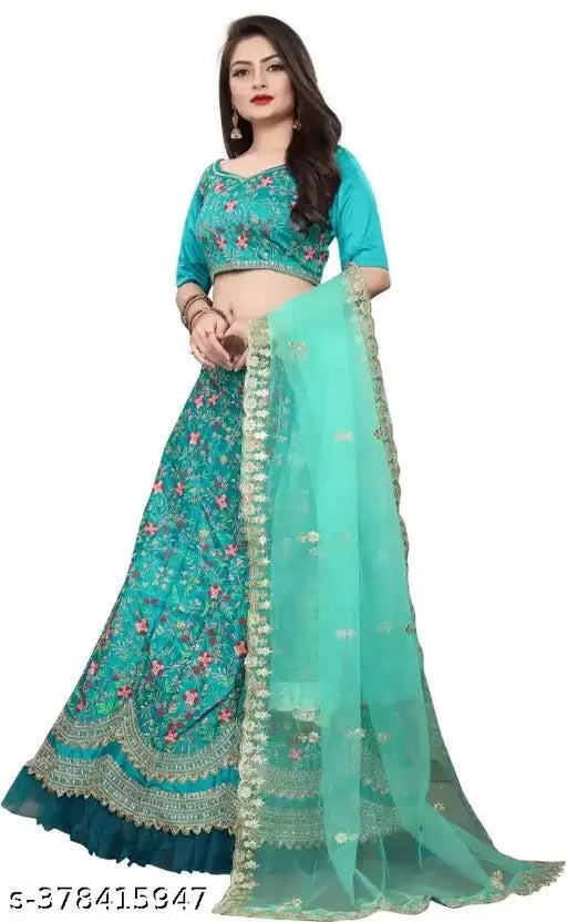 Trending embroidered silk lehenga choli and net dupatta for women, semi-stitched (LW:44m, LL:42m, DL:2.2m), Indian origin