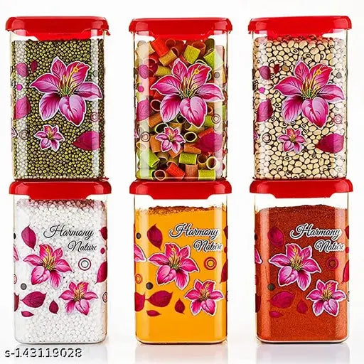 Colorful plastic containers, set of 12, with flower print and lock system, 1100ml capacity, airtight, for grocery storage in kitchen