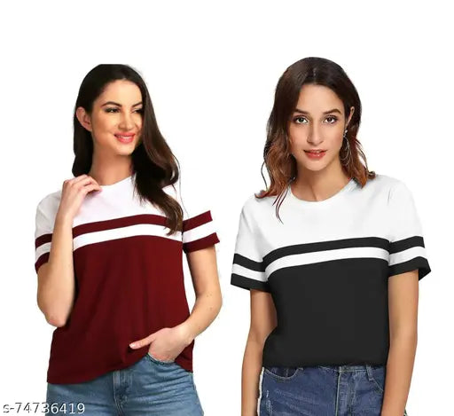 Maroon and black striped cotton round neck t-shirt for women or girls, half sleeve style