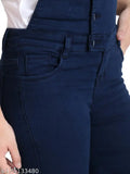 Sleeveless denim dungaree for women, solid blue color, adjustable shoulder straps and metallic button closures
