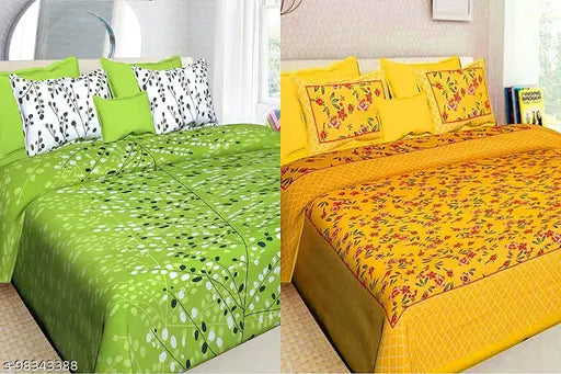 Bedsheet combo with four pillows and a fitted sheet, two sets of one yellow and one green floral pattern