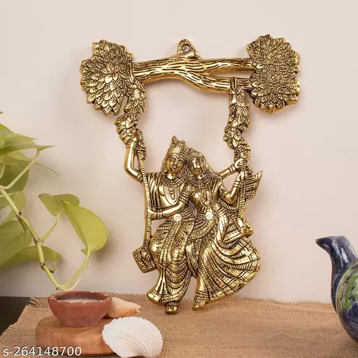 Golden metal Radha Krishna couple figurine, Indian temple-inspired wall decor, ideal for home, office, or gift
