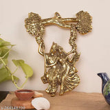 Golden metal Radha Krishna couple figurine, Indian temple-inspired wall decor, ideal for home, office, or gift
