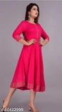 Pink rayon flared Kurti with Trandy border yoke print, three-quarter sleeves