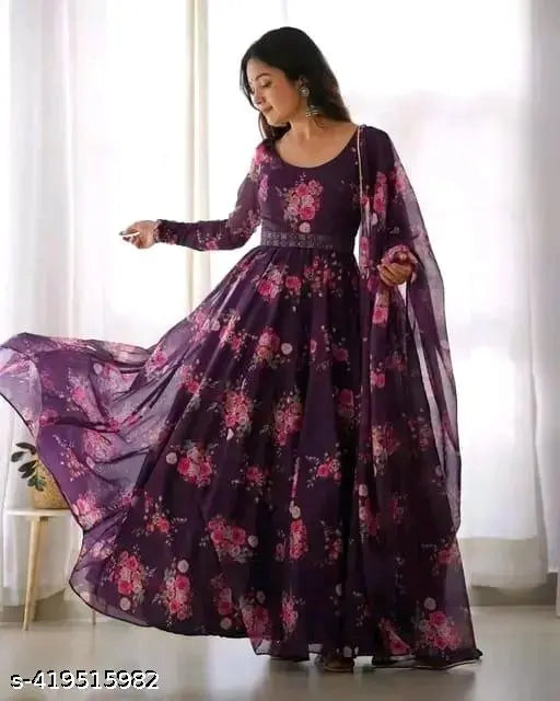 Trendy modern georgette gown with three-quarter sleeves, printed net pattern. Women's fashion apparel from India, available in sizes XS to XXXL