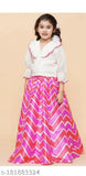 Girls pink & white ready-to-wear chanderi silk Lehenga choli with three-quarter sleeves, block stitch pattern, and included dupatta
