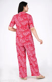Women's printed rayon night suit top and pajama set with short sleeves, vibrant design on display