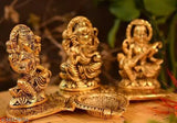 Metal Ganesha Laxmi Sarawati Choki set with Diya, Vastu-friendly office or home decor, size LBH18x10x10 cm
