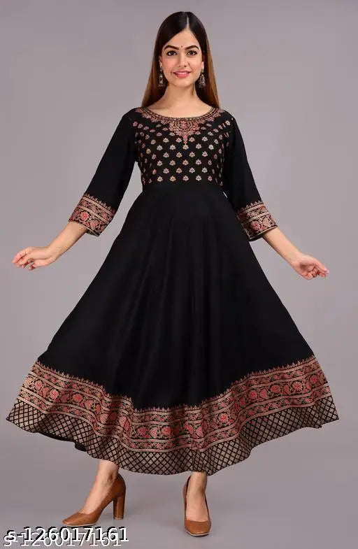 Rayon Anarkali Kurti, printed combo three-quarter sleeves for women, India-made fashionable attire on model