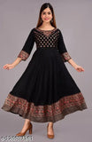 Rayon Anarkali Kurti, printed combo three-quarter sleeves for women, India-made fashionable attire on model