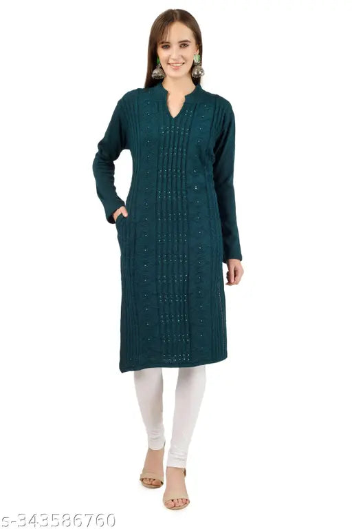 Green wool kurta, long sleeves, embroidered self pattern