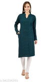 Green wool kurta, long sleeves, embroidered self pattern