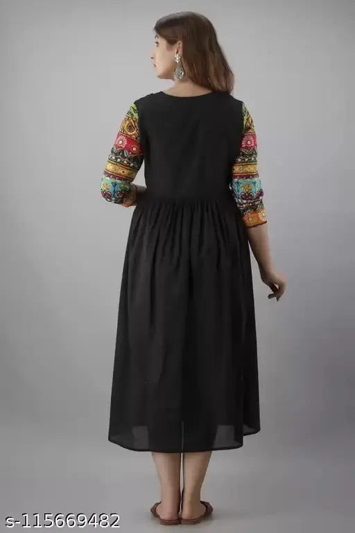 Long black rayon anarkali kurta with colorful print