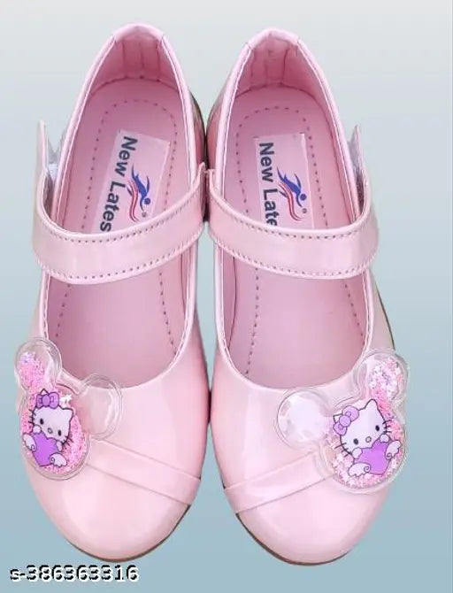 Pink patent leather ballerina flats for girls partywear, rubber sole with buckle and net detail