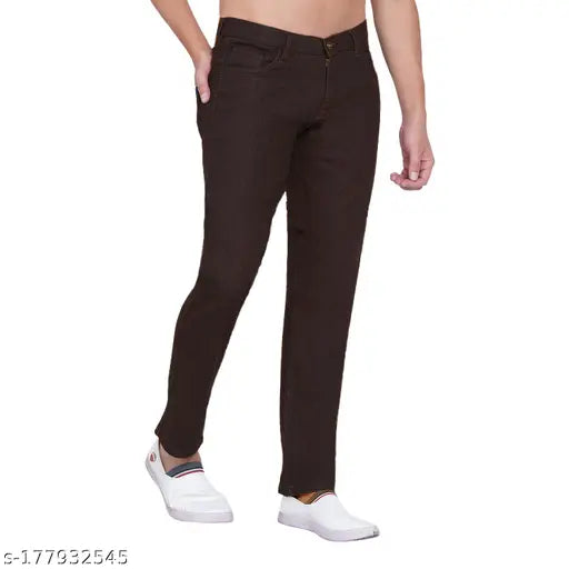 Brown cotton blend men's solid stretch jeans, straight fit with coffee color and various sizes available