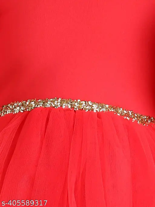 Red net high-low dress for kids party wear, toy balloon print on sleeveless design