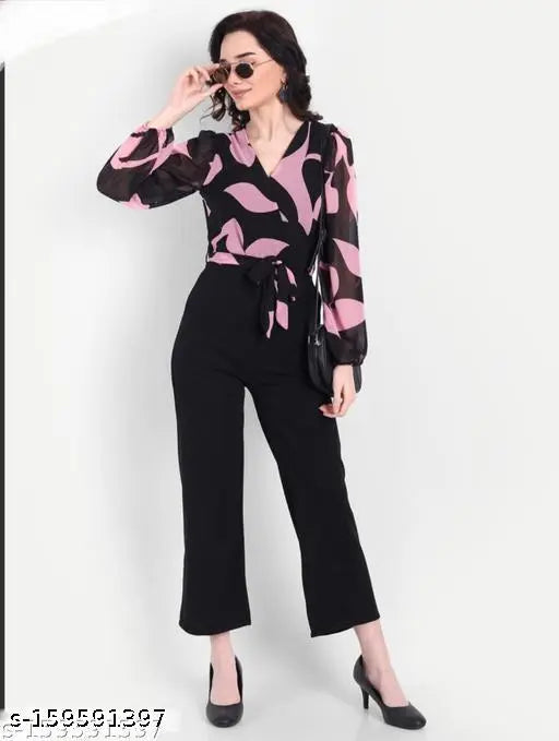 Georgette printed net long-sleeve jumpsuit for women, trendy fashion piece on mannequin