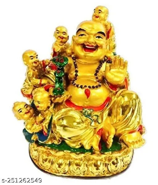 Laughing Buddha with kids, poly resin Vastu decor figurine from India