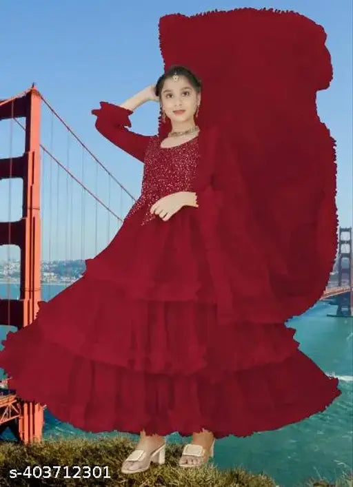 Embellished net party gown for kids, trendy fashion with short sleeves, size 5-16 years, made in India