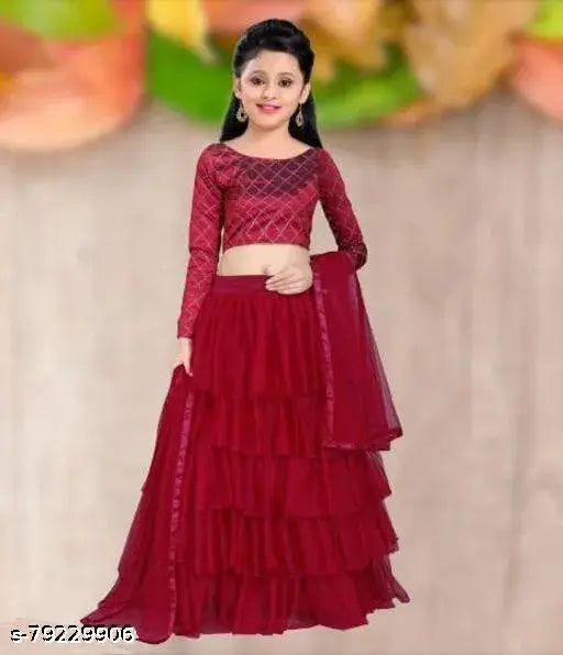 Embroidered semi-stitched satin lehenga choli and nylon dupatta set in ruffle stitch, size 13-14 years (long sleeves)