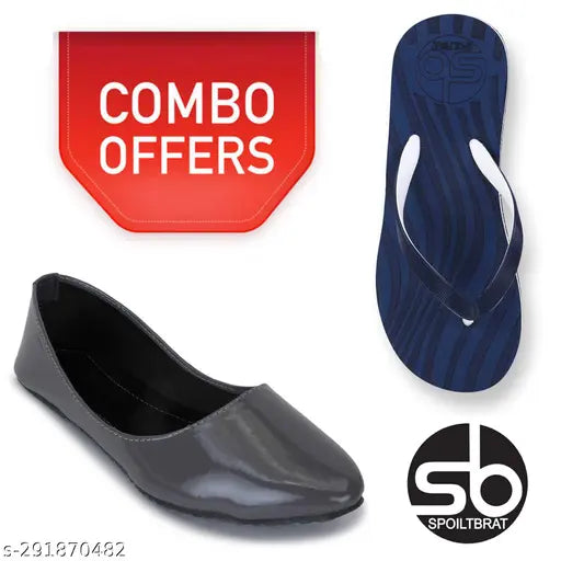 Grey patent leather ballerinas combo - blue Pira Gadi Hawai slippers for daily, office, party wear (women's)