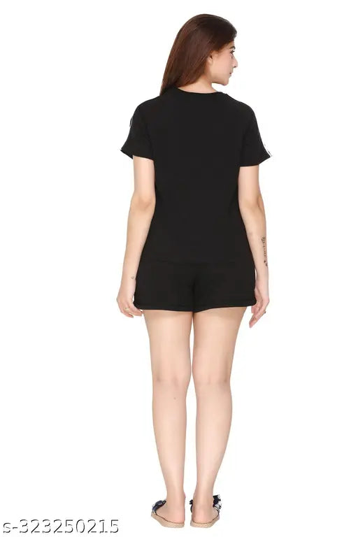 Women's poly cotton round neck top and shorts nightsuit set, printed net coord set for night, cozy sleepwear on bedroom chair