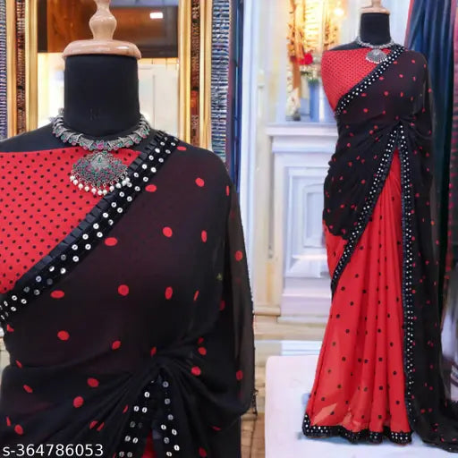 Georgette half and half polka dot party wear saree, long skirt, sleeveless blouse, red border