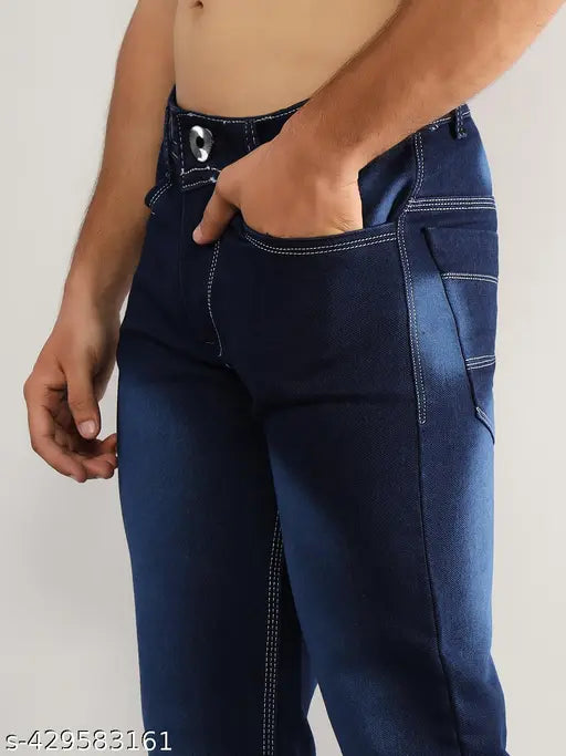Men's blue denim jeans with fitted waistband