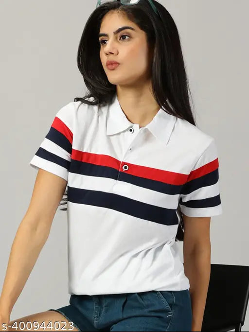 White cotton blend striped half-sleeve polo t-shirt for women, perfect for casual wear with versatile styling options