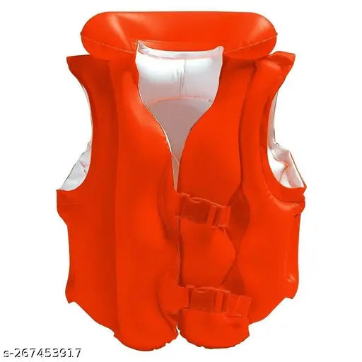 Red life jacket with multiple straps and fasteners, designed for children's safety in water activities