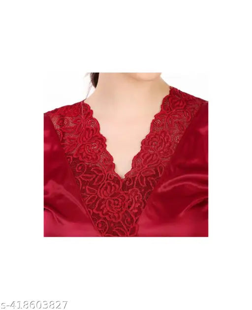 Elegant pink satin nightwear with lace sleeves - comfortable, stylish sleepwear for women. Soft, cozy lace nightgown with trendy loungewear design, perfect for relaxation or lounging. Made in India