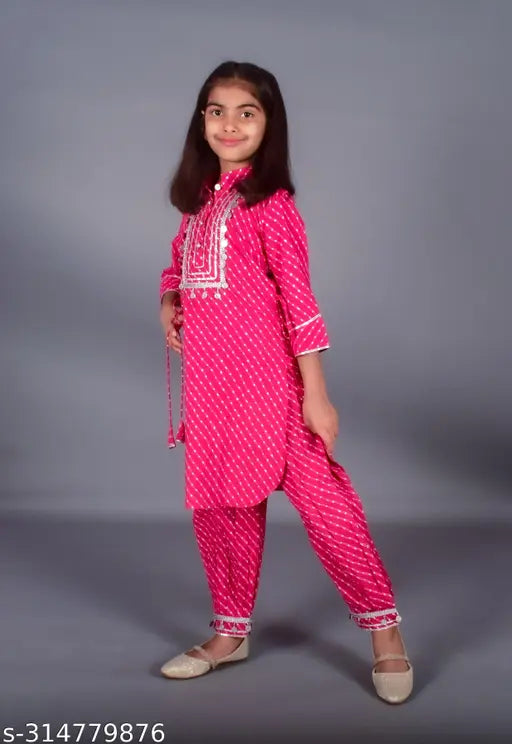 Nanci Girls cotton printed kurta and pyjama set in various sizes, ideal for weddings, parties, birthdays, and festivals. Printed on 3/4 sleeves and frill hem pyjamas. Made from heavy cotton fabric. Best birthday gift for girls
