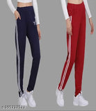 Women's casual navy joggers with white stripe detailing, paired with maroon sports leggings