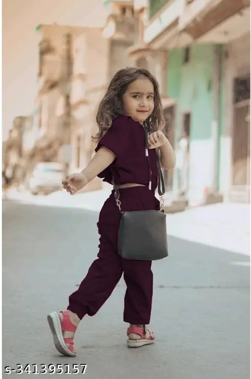 Cotton blend solid-color baby girl top & bottom set, comfortable and stylish for kids aged 1-12 years old