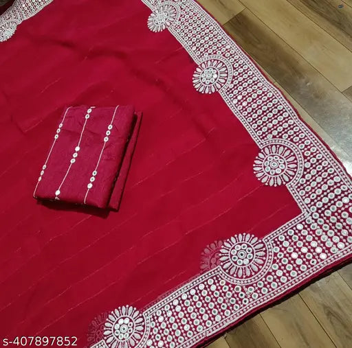 Georgette embellished less wrinkle traditional saree in vibrant red color