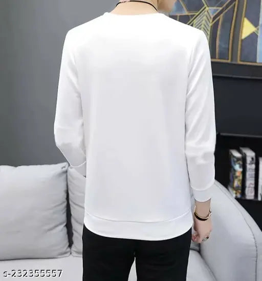 White polyester "D MY LIFE LINE" printed full sleeve round neck t-shirt for men, casual type clothing on hanger