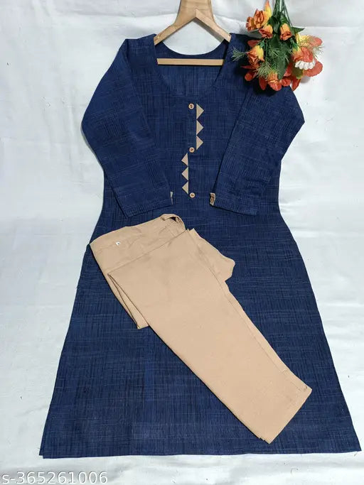 Blue rayon women's cotton kurta set with embroidered net pants, perfect for casual wear