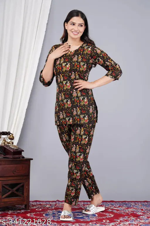 Yashvi Pure Rayon Nightsuit for Women, printed rayon pyjamas with three-quarter sleeves, size S (36in top bust, 28in) to XXL (44in top bust, 32in waist)