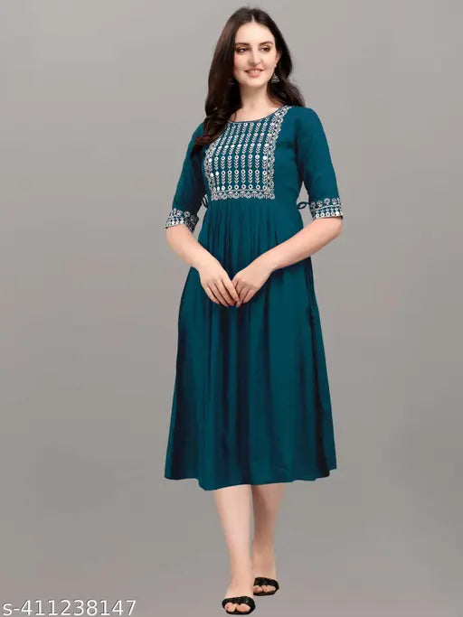 Rayon Zallar work embroidered solid kurti with three-quarter sleeves, single size options available for Indian women's fashion