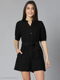 Black cotton playsuit, solid pattern, v-neck, three-quarter sleeves, tie-knot belt, Linen Blend fabric, women's regular fit, India origin