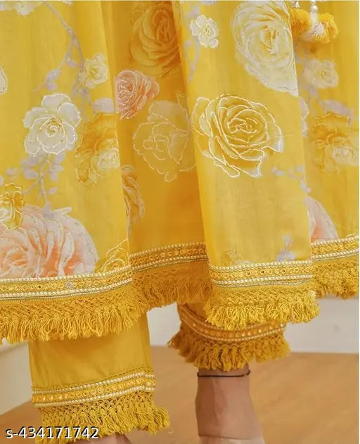 Yellow Rayon Anarkali Kurti Pant Dupatta Set for Festive, featuring printed design and three-quarter sleeves