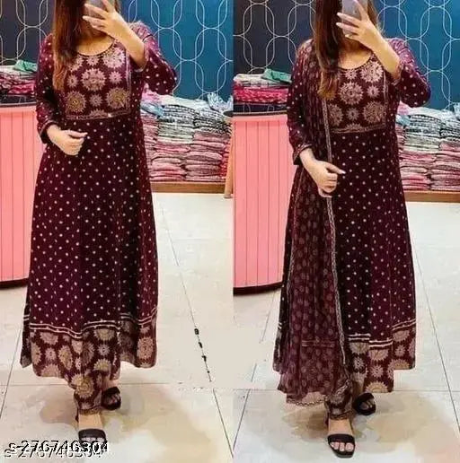 navy-blue rayon Anarkali Dupatta Set with printed kurti and pant, three-quarter sleeve style, women's fashion for summer 2023