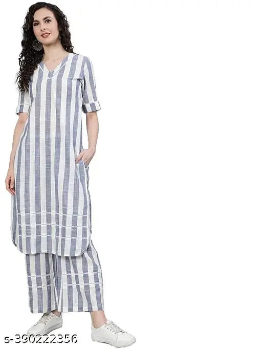 Grey & White striped 'kurta & pant' set for women, made of cotton fabric. Ladder lace detail on V-neck kurta with straight hem and three-quarter sleeves. Grey & White striped palazzo bottomwear features side pockets and partially elasticated waistband. Country of Origin: India (XS - XXXL sizes available)