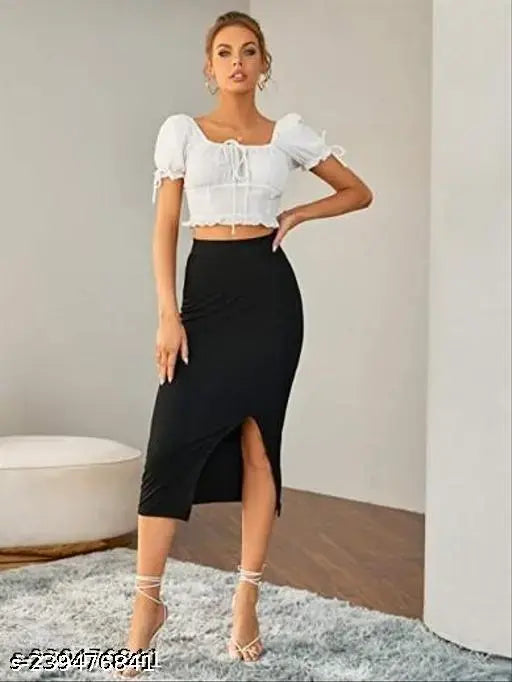 AF Women's polyester midi skirt with side slit, elasticated waist belt - size 24, classic stretch design for women's fashion