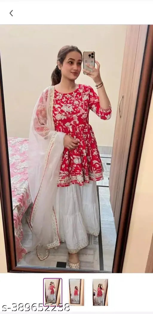 Red and white floral embroidered kurta set with dupatta