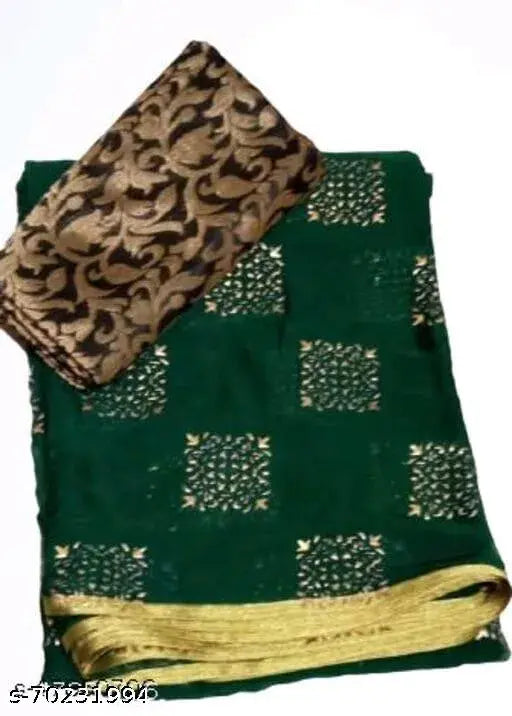 Chiffon Aagam Drishya saree with separate brocade blouse, Indian traditional wear for women, free size (5.5m saree length)