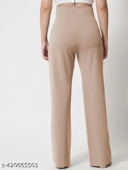 Trendy high-rise bell bottom pants in beige color, high-waisted boot-cut style for women
