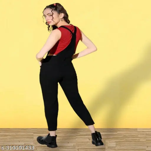 High waist stretchable denim dungaree dress for women, solid color, size L (34in bust, 38in length, 30in waist, 34in hip)