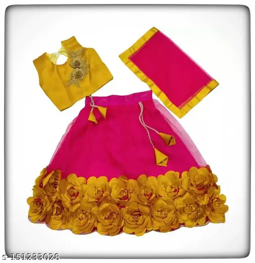 Embroidered net lahenga choli with sleeveless top and matching dupatta, self-design Indian ethnic wear for 1-2 years old