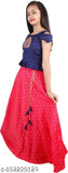 Kids girls cotton blend lehenga cholis with taffeta silk dupatta, embroidered and jacquard stitch design. Available in sizes 3-4 years, 4-5 years, 5-6 years, 6-7 years, 7-8 years, 8-9 years, and 32 inch waist for each. Stylish Indian traditional wear for kids and girls